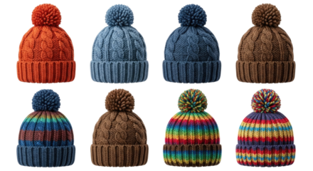 Collection of knitted winter hats transparent background cutout png