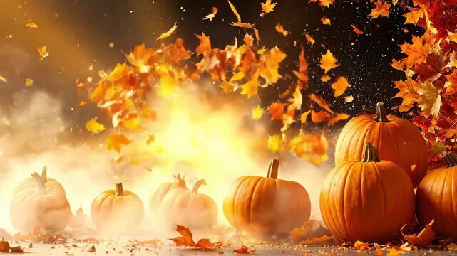 Autumnal still life featuring pumpkins and falling leaves with a warm, festive ambiance.