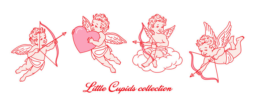 Collection of cute little cupids in different poses with bow and arrow, big heart in hands, hand drawn in retro style, for Valentine's Day or wedding design, love concept. Cupids isolated on white.