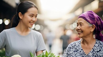 Two Women Shopping at Outdoor Market Together.