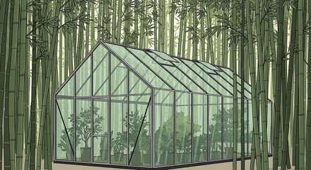 Modern Glass Greenhouse in Bamboo Forest.