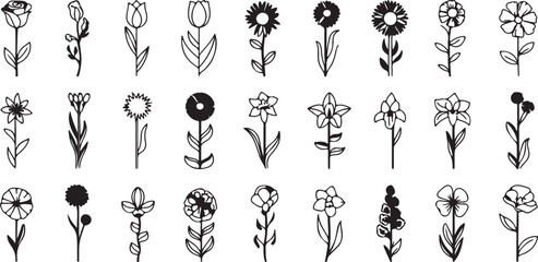 Collection of Hand Drawn Flowers and Blossoms in Outline and Silhouette Keywords: flower, blossom, floral, bloom