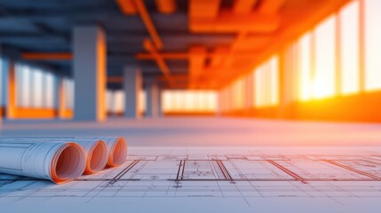 A close-up view of architectural blueprints on the floor, with a warm sunset illuminating the background of a spacious, modern building.