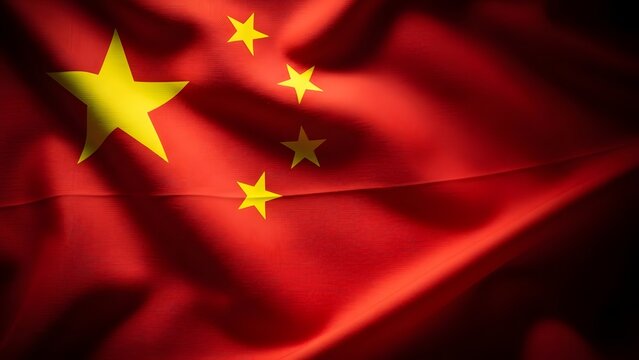 The flag of china waving in the wind with a dark background and shadows on it slowly moving - Powered by Adobe