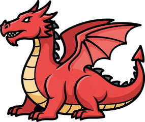 Naklejka premium A cartoonish red dragon with large wings and sharp teeth sits, looking fierce on a white background