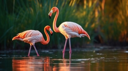 Two Pink Flamingos Standing in Shallow Water at Sunset, Reflecting Quiet Wetland Scene