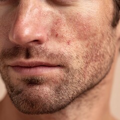 Fototapeta premium A man's skin after shaving shows redness and irritation; a natural skin appearance, ideal for advertising men's aftershave products, cosmeceuticals, and grooming brands focusing on sensitive skin.