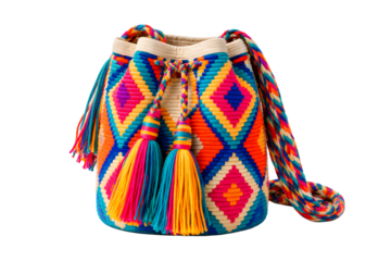 Colorful handmade woven mochila shoulder bag with tassels isolated