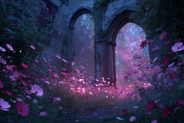 Magical garden with vibrant flowers and ancient stone arches under starry night sky