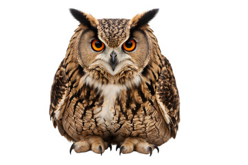 Obraz premium Front facing owl with orange eyes isolated on transparent background