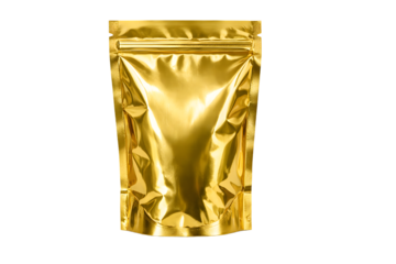 Gold foil stand up pouch packaging mockup isolated on transparent background