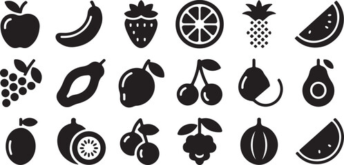 Diverse Fresh Fruit Icons in Silhouette apple banana