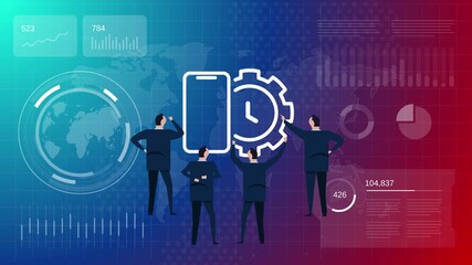 Business team analyzing mobile app performance and loading speed data on digital dashboard