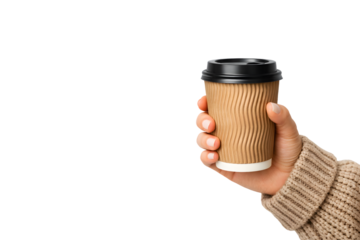 Hand holding takeaway coffee cup with cozy knitted sweater sleeve isolated