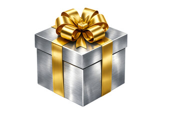 Obraz premium Luxury silver gift box with golden ribbon bow isolated background