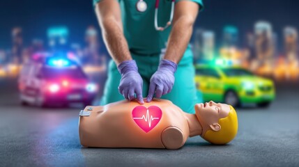 Paramedic performing CPR on mannequin at night with emergency vehicles