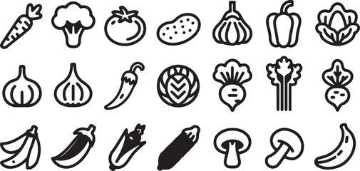 Diverse collection of healthy fruit and vegetable outline icons, perfect for web design, apps, healthy eating, and dietary content
