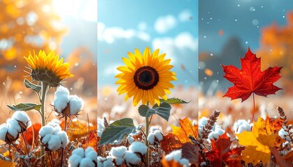 a split image depicting a field with a yellow sunflower in the middle and an orange leaf on the right
