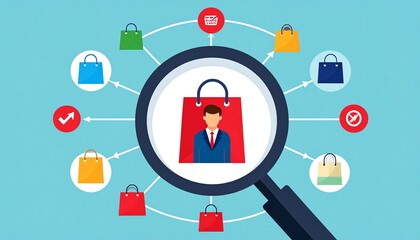 a graphic depicting a man in a shopping bag surrounded by colorful shopping bags