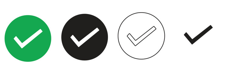 Set of four different checkmark icons in green, black, outlined circle and solid black, representing success, approval, confirmation, and task completion, perfect for web and app design elements.