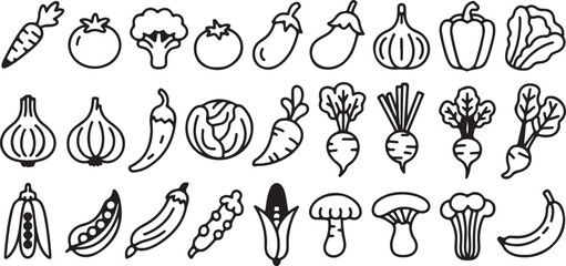 Variety of fresh vegetables and fruits icons isolated on white background