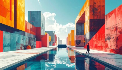 a person walking by a pool surrounded by colorful buildings