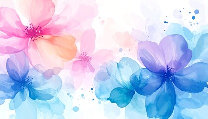 a colorful abstract background featuring watercolor flowers in shades of pink, blue, and purple