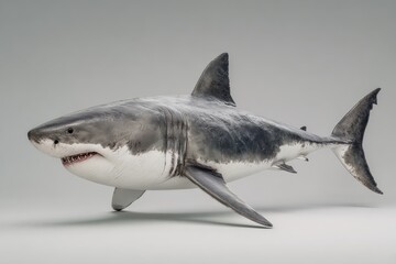 Fototapeta premium Great white shark swimming in clear water with its distinctive features evident against a neutral background