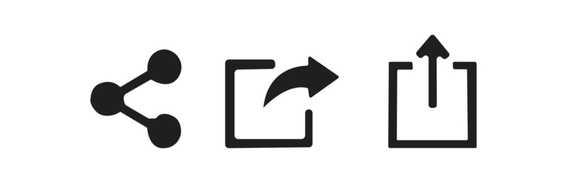 A set of three black simple vector icons representing sharing and uploading content to the internet and social media platforms ideal for app interfaces and web design