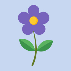 flat design illustration  purple flower with a yellow center and green leaves on a light blue background.