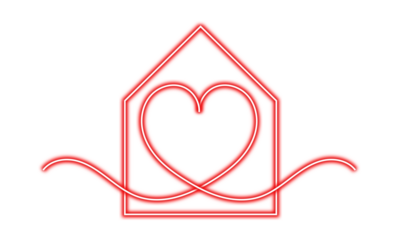 A vibrant red outline of a house embracing a heart, symbolizing love and warmth within a home on a transparent background.