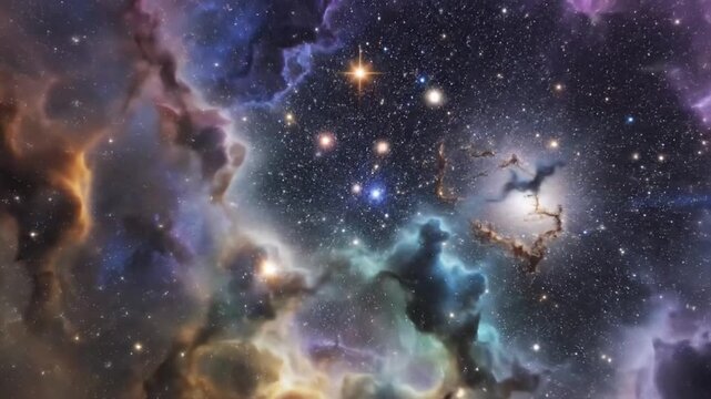 Dreamy universe scene with colorful interstellar clouds, radiant stars flickering gently, smooth continuous motion, tranquil and inspirational tone, 