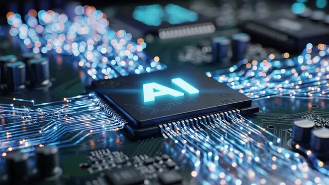 A computer chip with ai on a circuit board with blue lights