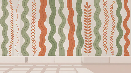Colorful Wavy Lines and Leaf Patterns on Wall with White Floor green orange