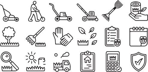 Gardening and Lawn Care Icon Set with Tools and Services Keywords: gardening, lawn care, mowing, rake, gloves
