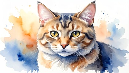 a close-up portrait of a tabby cat with yellow eyes surrounded by colorful watercolors