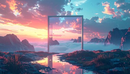 a stunning sunset scene with a mirror reflecting a river and mountains in the foreground