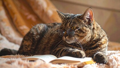 a cute cat with glasses sitting by an open book.