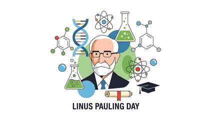 A cartoon portrait of Linus Pauling surrounded by science and chemistry symbols on Linus Pauling Day
