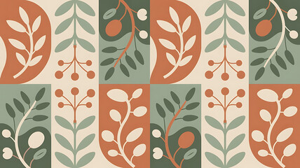 Abstract floral pattern with green orange and brown leaves and fruits