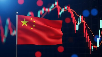 Chinese flag waving in front of stock market graph and chart background