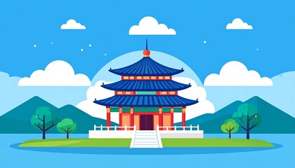 a traditional Chinese temple with a blue roof surrounded by green hills and clouds