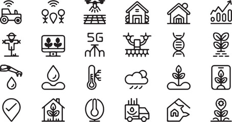 Icons illustrating smart farming, agriculture technology, and data analysis tractor