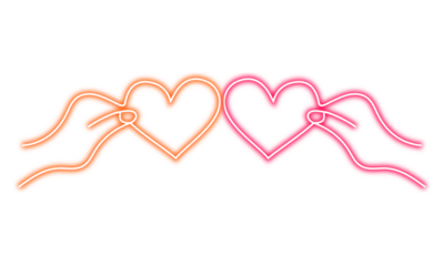 Two glowing hands forming hearts with neon lights on transparent background