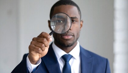 a man in a suit pointing at something through a magnifying glass