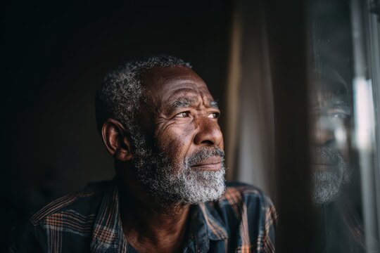 Senior man ponders life while gazing thoughtfully out of a window during a quiet afternoon in his cozy home - Powered by Adobe