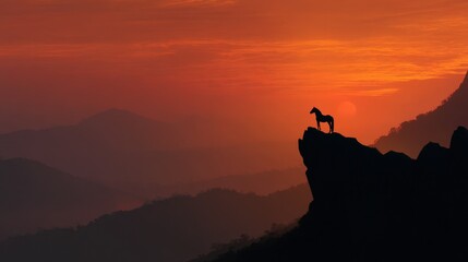Fototapeta premium Majestic Horse Silhouette at Sunrise Over Mountain Range with Vibrant Orange and Purple Sky in Tranquil Landscape