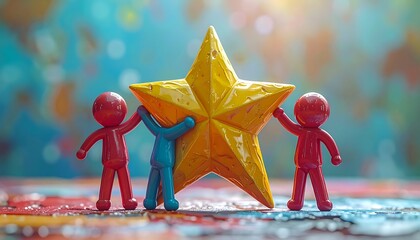 Three small figurines, two red and one blue, collaborate to hold up a large, golden star against a blurred background