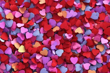 Colorful seamless confetti hearts background with vivid shades of red, pink, purple, and hints of cream for festive decorations and celebrations