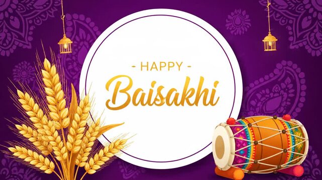 Happy Baisakhi Festival Banner Wheat Harvest Dhol Drum Indian Holiday